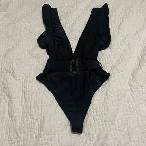 Black ruffled belted one piece swimsuit #65